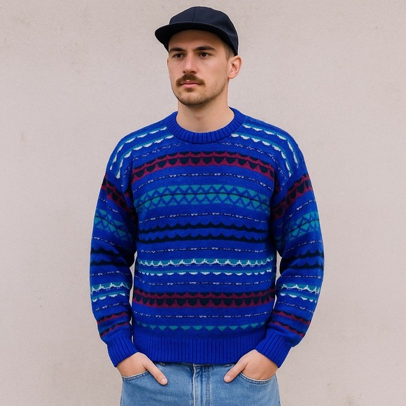 Vintage 80s Expressions Sweater L Blue Geo Abstract Knit Pullover Hong Kong - Picture 1 of 6